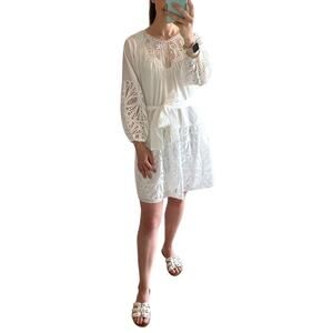 Shoshanna Eyelet Balloon Sleeve Cut Out Tie Waist Optic White Dress Bridal NWT